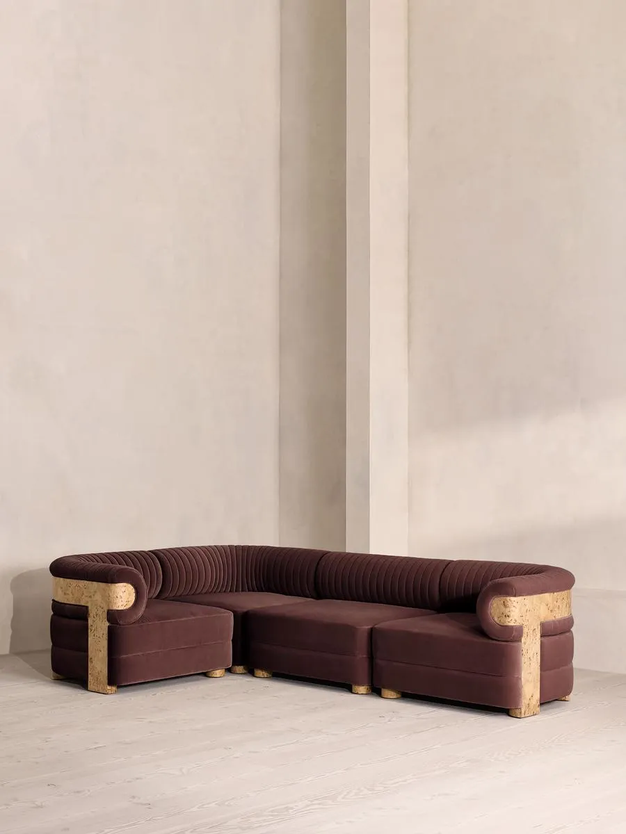 Caleb Modular Sofa, L-Shape Sofa, Velvet, Aubergine, Blonde Burl