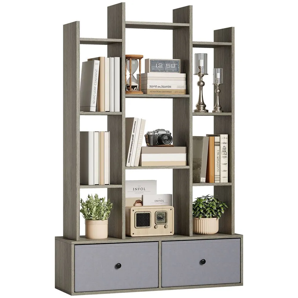 HOMCOM 12-Tier Bookshelf, Bookcase w/ 2 Folding Drawer, Graphite Wood Effect in Grey 2
