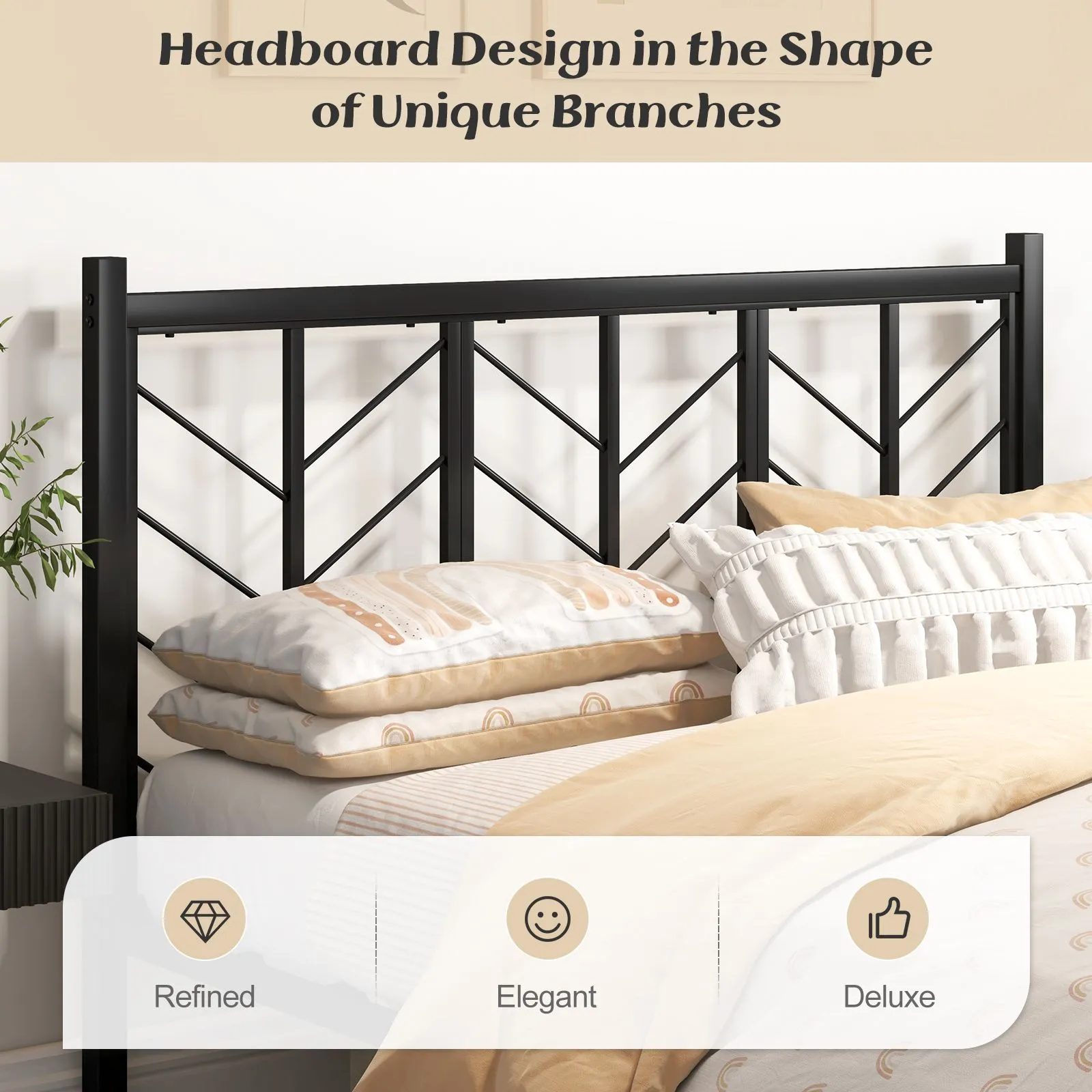 Costway Metal Platform Bed with Branch shaped Headboard Bed Frame King Size in Black 6