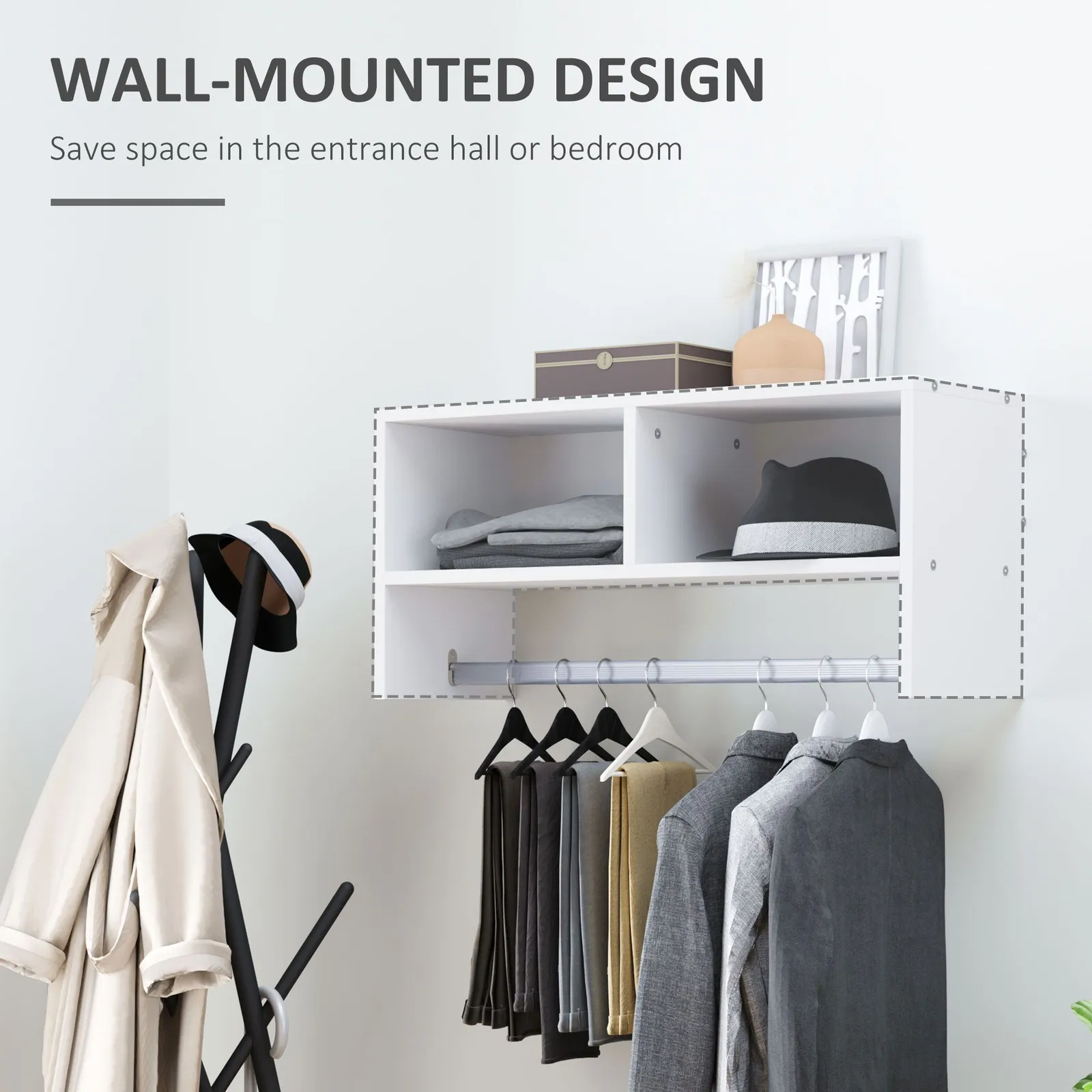 HOMCOM Storage Hat Rack Hanging Coat Organizer Rail Hanger Wall Mounted in White 6