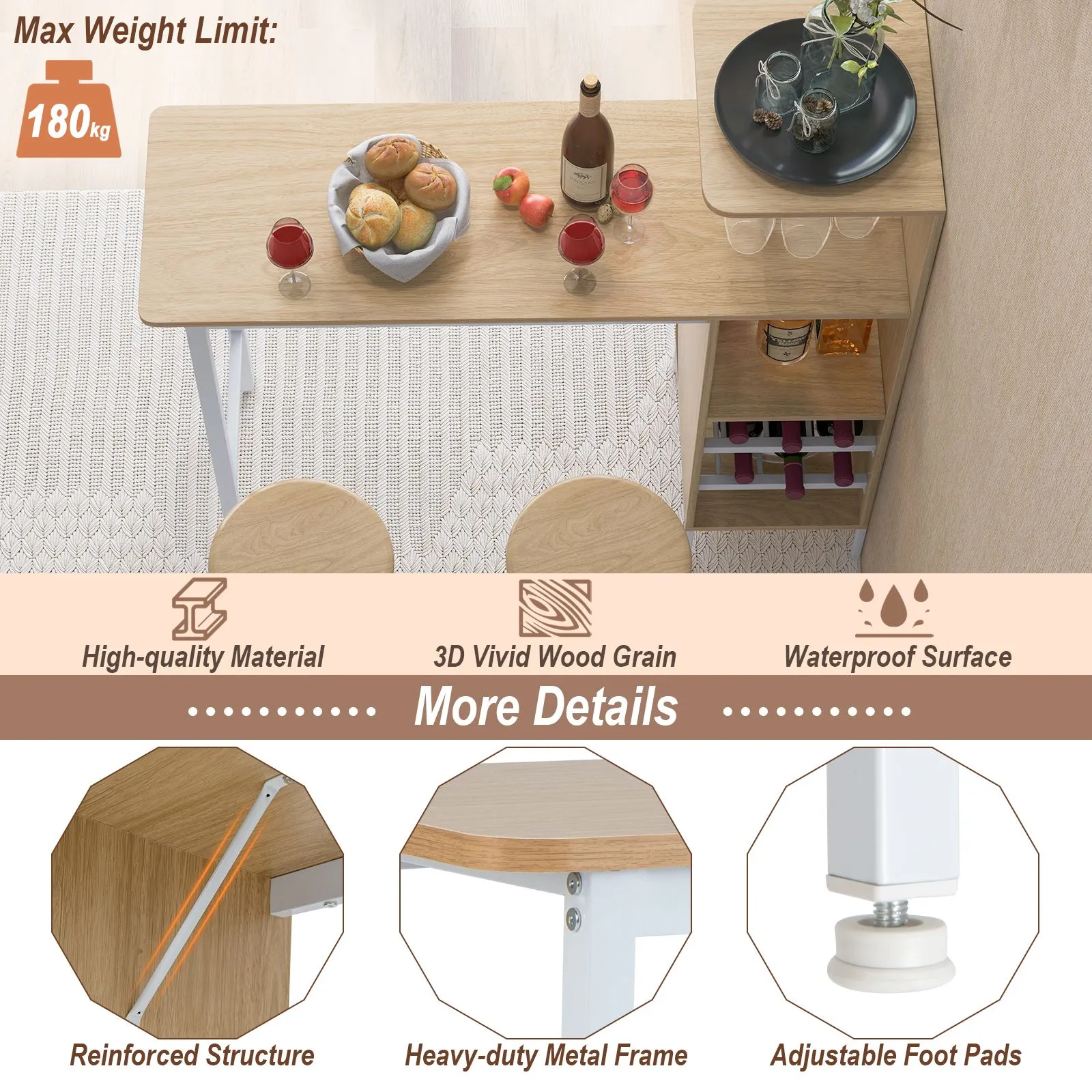 Costway 3PCS Bar Table Chair Set Industrial Dining Table Stools w/ Glass Holders & Wine Racks in Brown 5