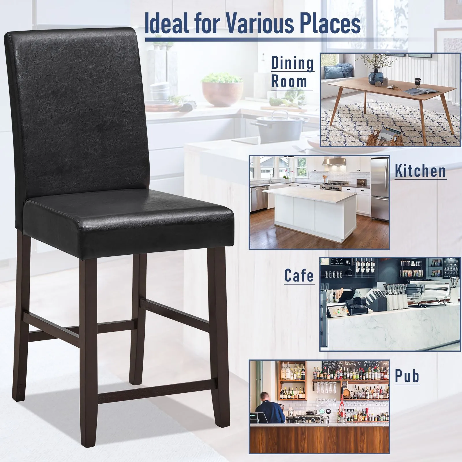 Costway 61cm Bar Stool Set of 2 PU Upholstered Counter Bar Chairs with Solid Rubber Wood Legs & Ergonomic Back in Black 6