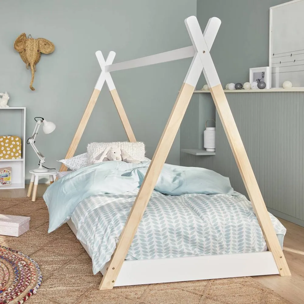 sweeek Kid's teepee bed 90 x 190cm natural pine slatted base included in White 3