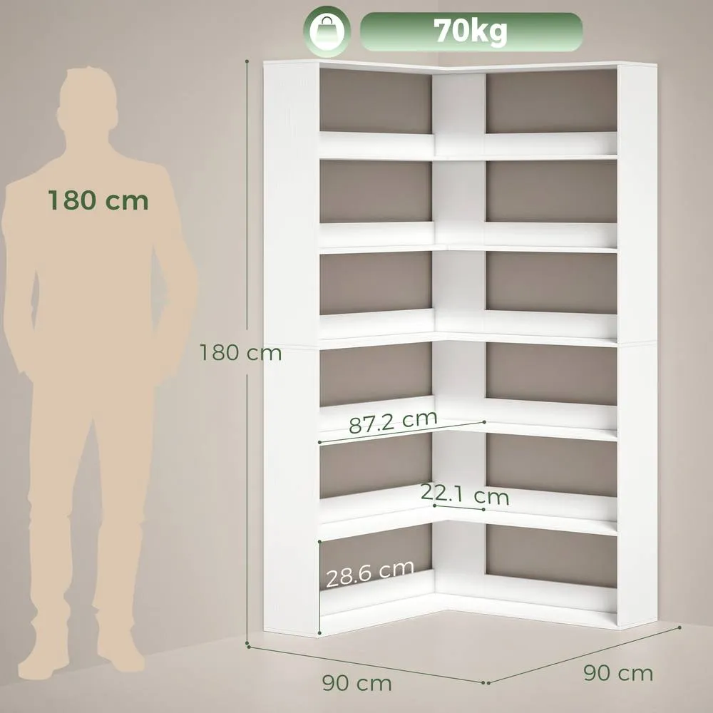 HOMCOM 7 Tiers Corner Bookshelf, L-Shaped, White Wood Effect 3