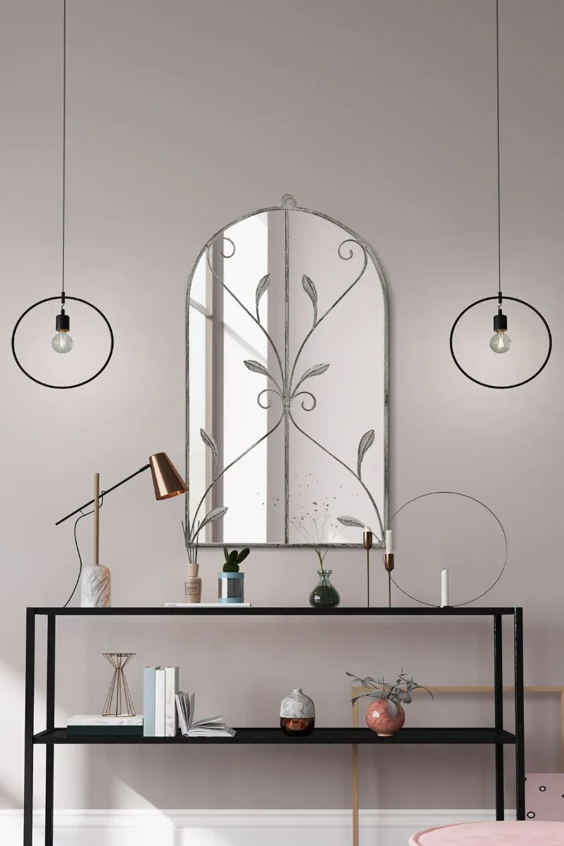 MirrorOutlet Concrete Colour Metal Framed Arched Wall Mirror 31"x 18" (80 X 46CM) in Grey