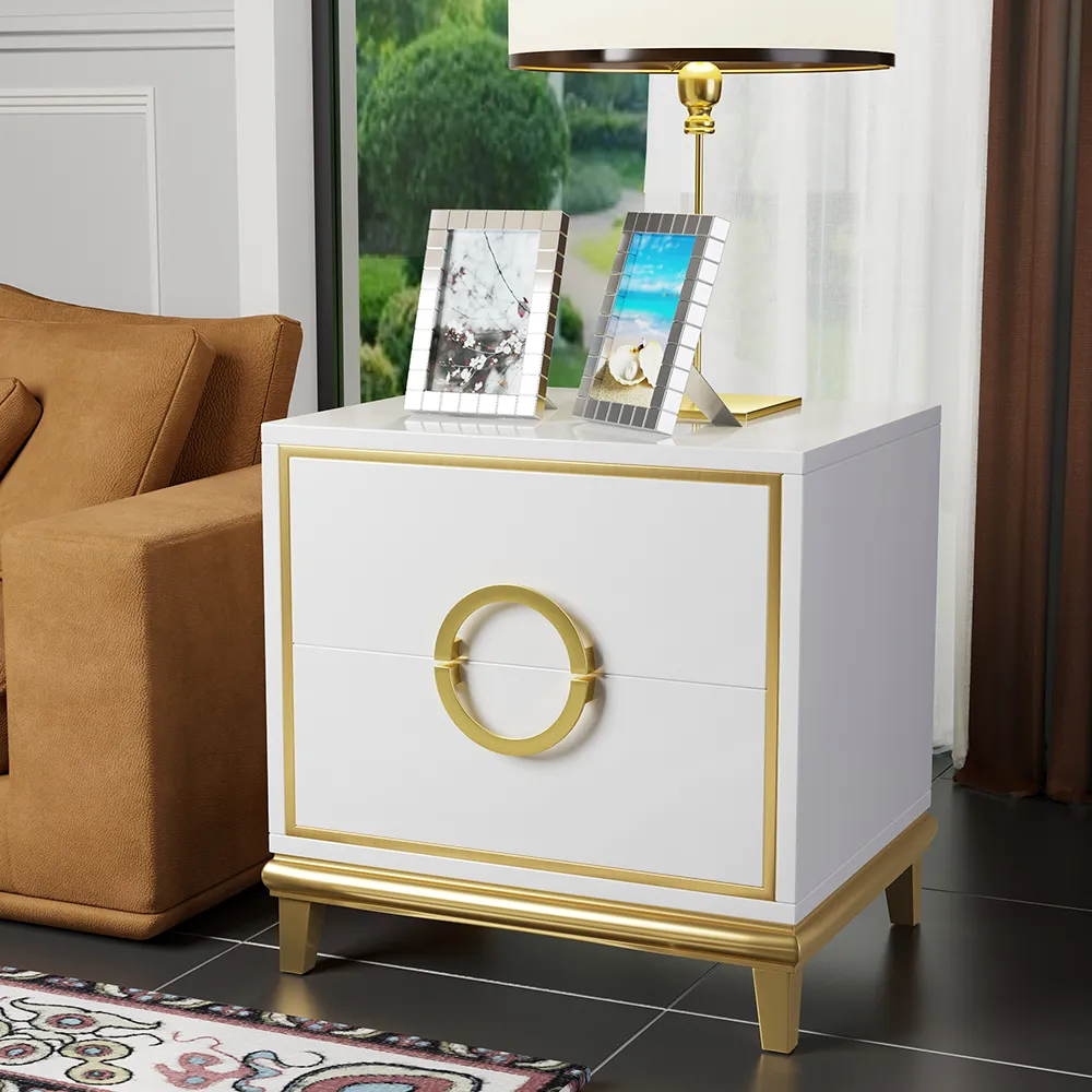 White Modern Bedroom Bedside Table with 2 Drawers in Gold Legs