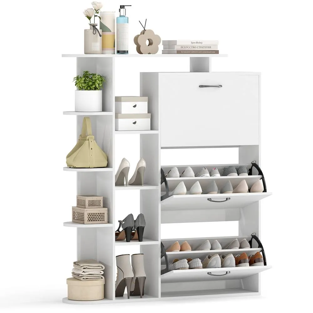 Costway Shoe Storage Cabinet Freestanding Shoe Organizer with 3 Flip Drawers 8 Shelves in White