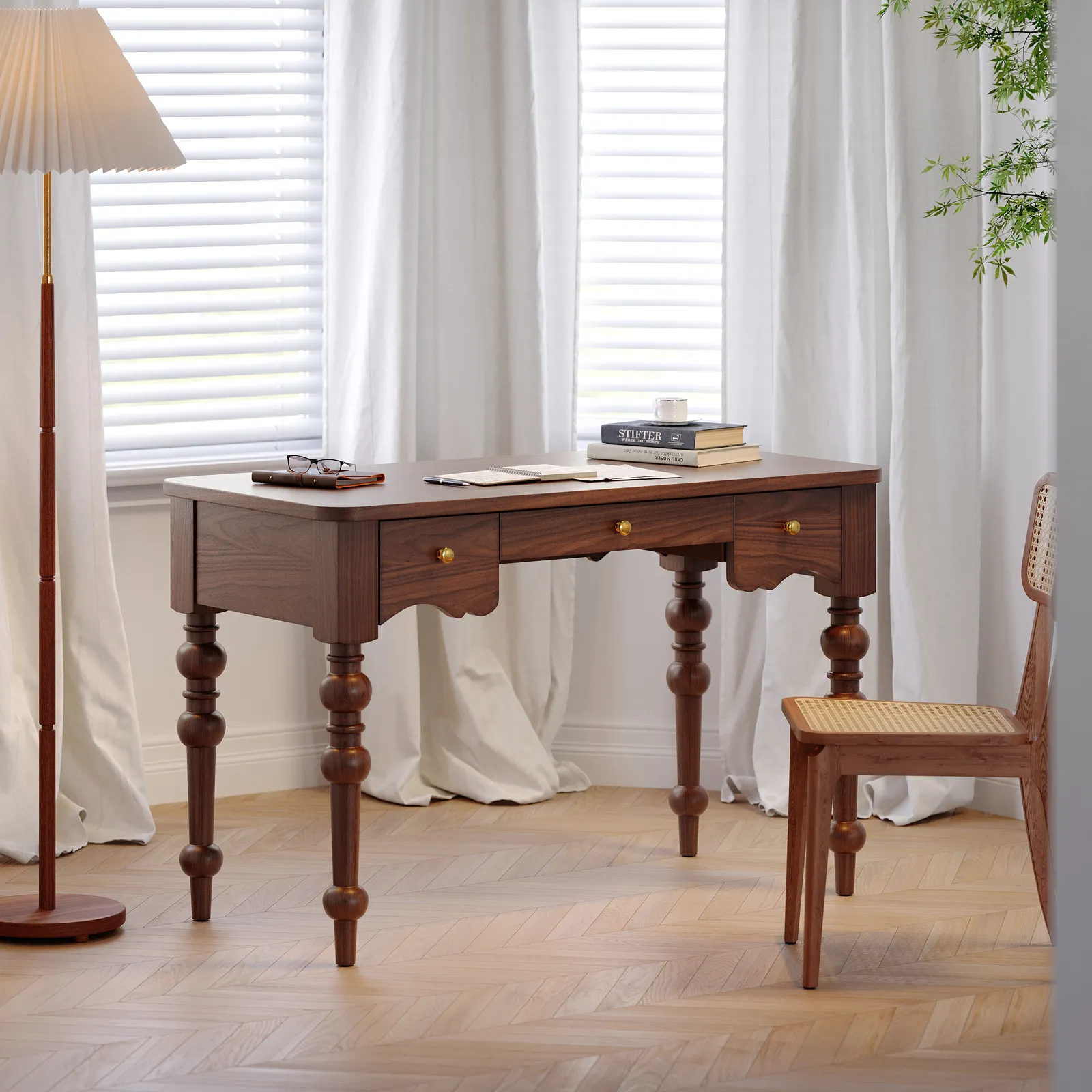 Writing Desk Mid Century with Drawers Walnut Home Office Furniture (1200mm)
