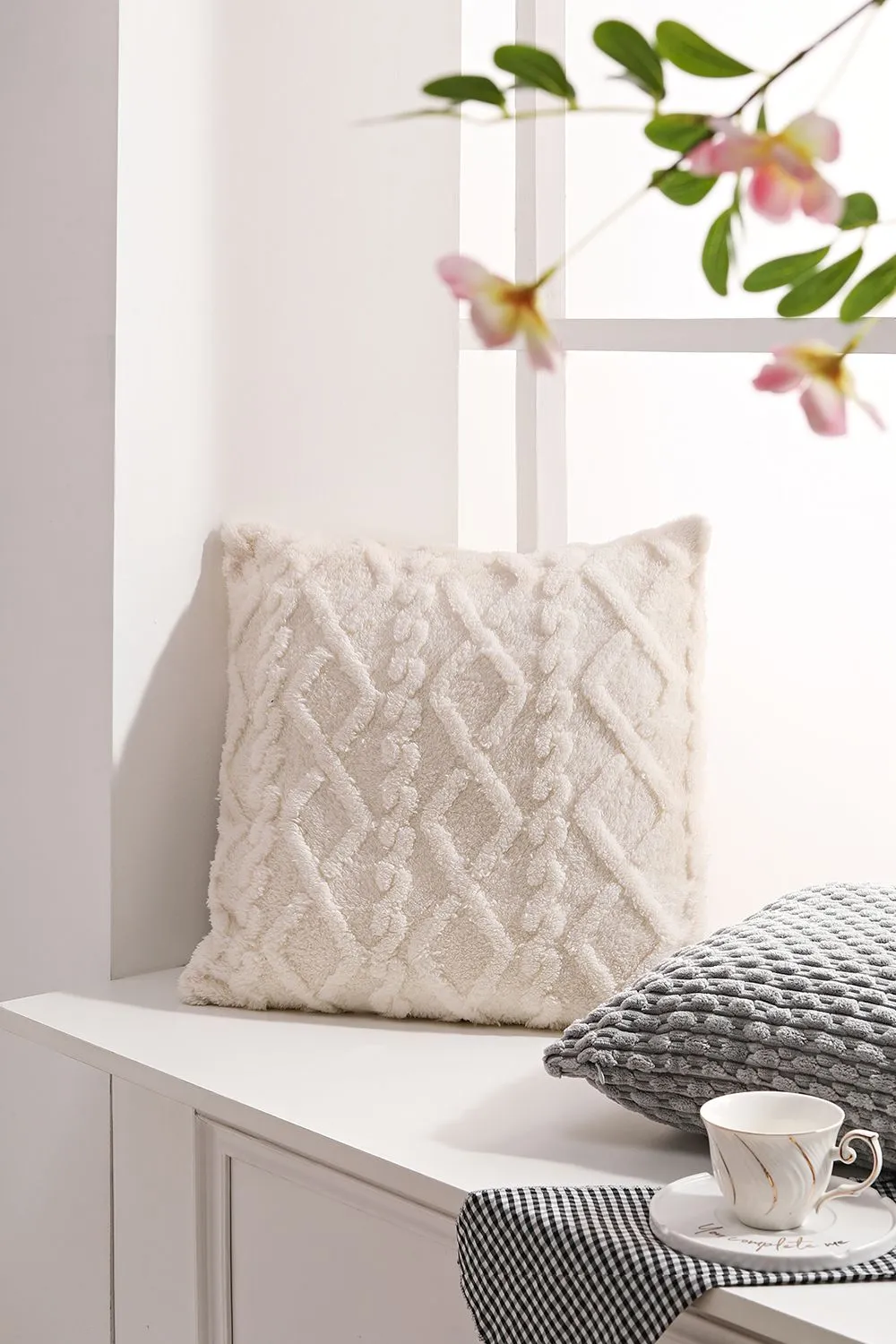 Living and Home White Jacquard Plush Square Throw Pillow Sofa Cushion, Filled with 500g PP Cotton
