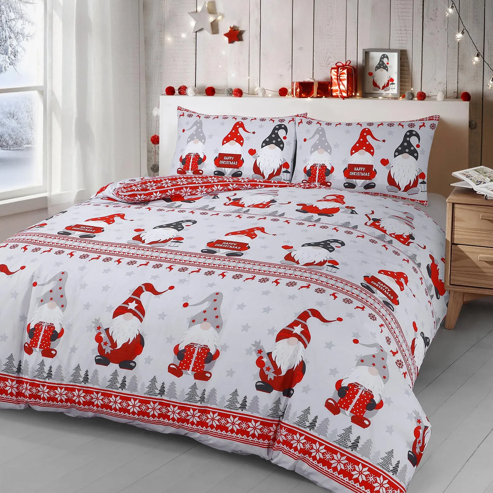 Velosso Xmas Gonks Cotton Rich Printed Duvet Cover & Pillowcase Set in Red