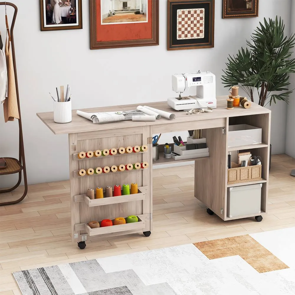Costway Folding Sewing Table Rolling Sewing Machine Craft Station w/18 Pegs in Natural 3