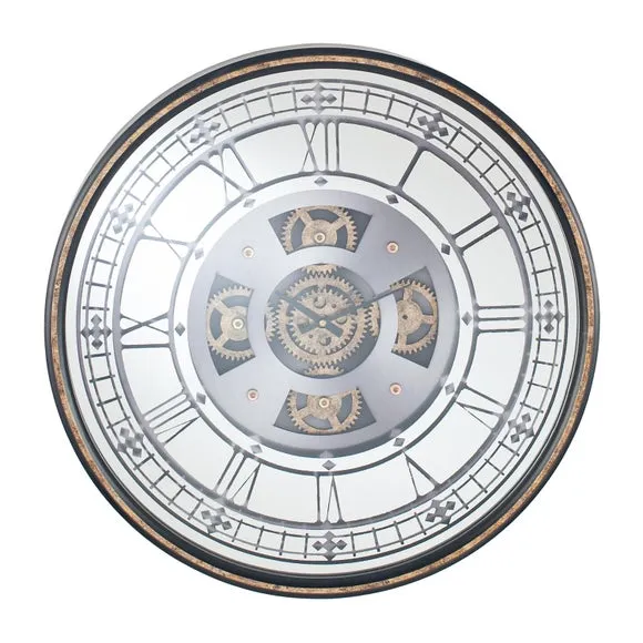 Antique Gold Wood and Mirror Working Cog Round Wall Clock 2