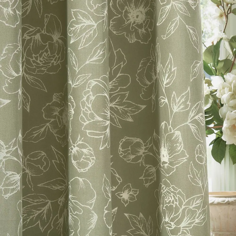 Wylder Bella Floral 100% Cotton Pencil Pleat Curtain Pair in Green 5