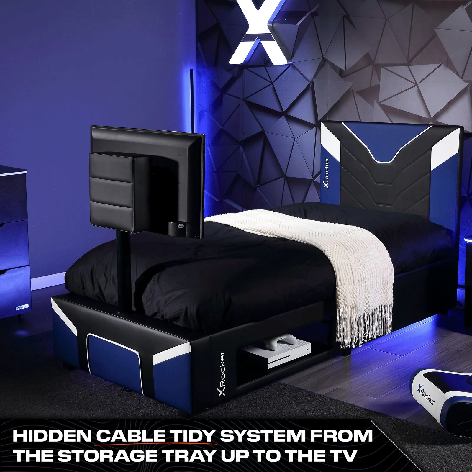 X Rocker Cerberus Twist TV Bed with Underbed Storage, Upholstered, up to 40" TV in Blue 4
