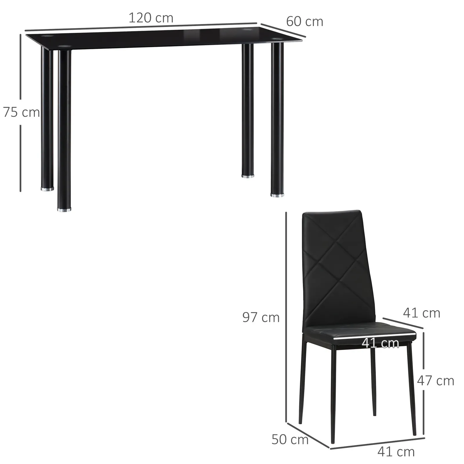 HOMCOM Dining Table & Chairs Set 4 with Padded Seat & Tempered Glass in Black 3