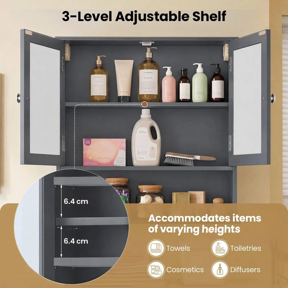 Costway Bathroom Wall Cabinet Medicine Cabinet Wall Mount with Mirror in Grey 4