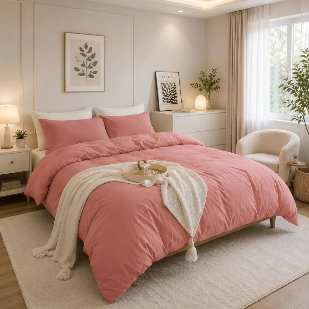 Grace Prewashed Microfibre Duvet Cover Set Soft Lightweight Zipper Closure in Rose