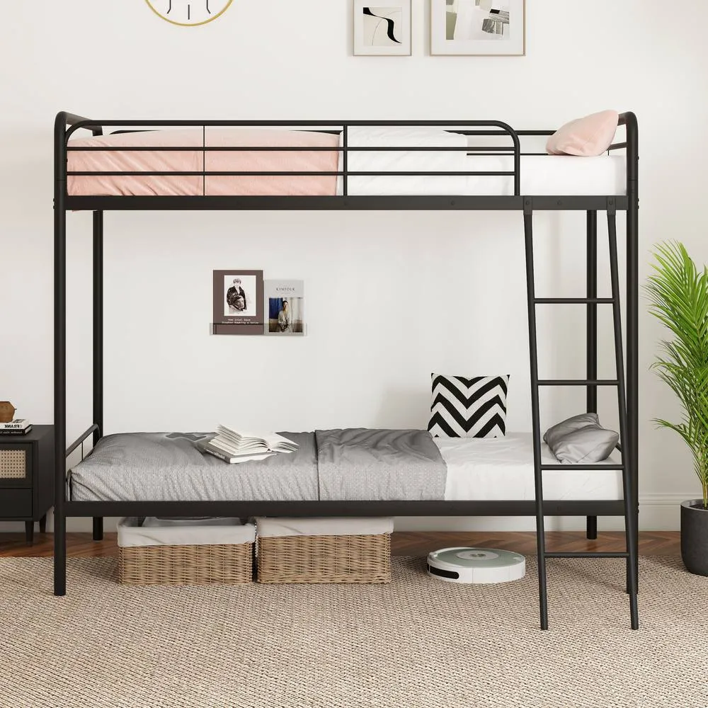 Costway Metal Bunk Bed Heavy Duty Single Over Single Bunk Bed w/Ladder-Black in Black 5