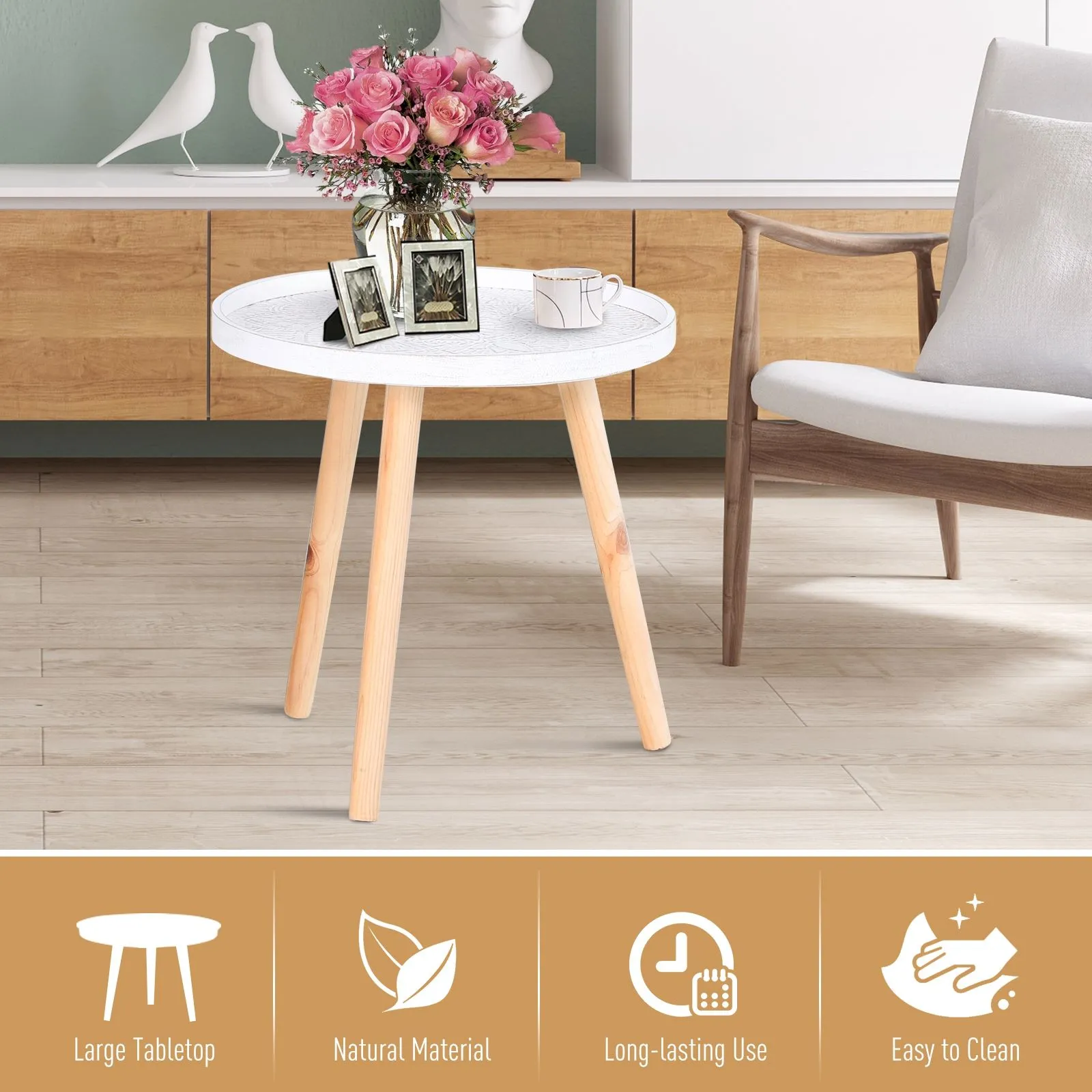 HOMCOM Bedside Round Table Solid Wood Legs Sofa End Side Coffee Table in White 4