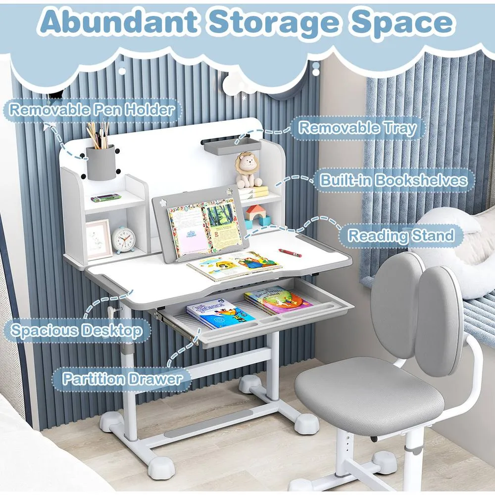 Costway Kid's Study Desk & Chair Set Adjustable Desk-Grey in Grey 3