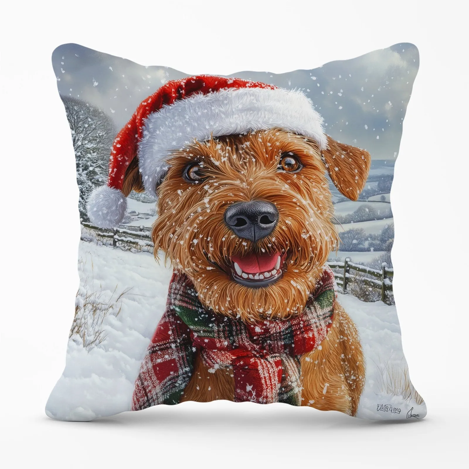 Warren Reed - Designer Christmas Irish Terrier Cushion in Brown
