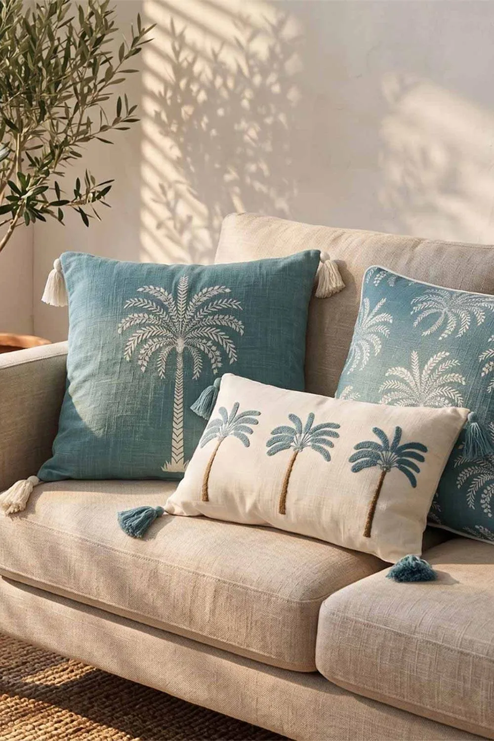 Homescapes Blue Palm Leaves Cushion, 45 x 45cm 5