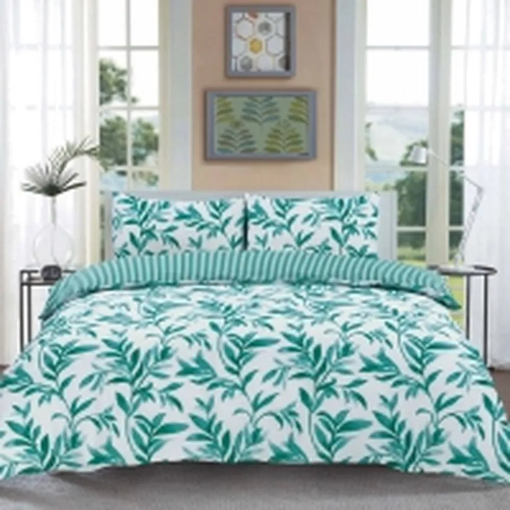 Homes-Linen Luxury Ellie Teal Leaf Reversible Duvet Cover Set Easy Care