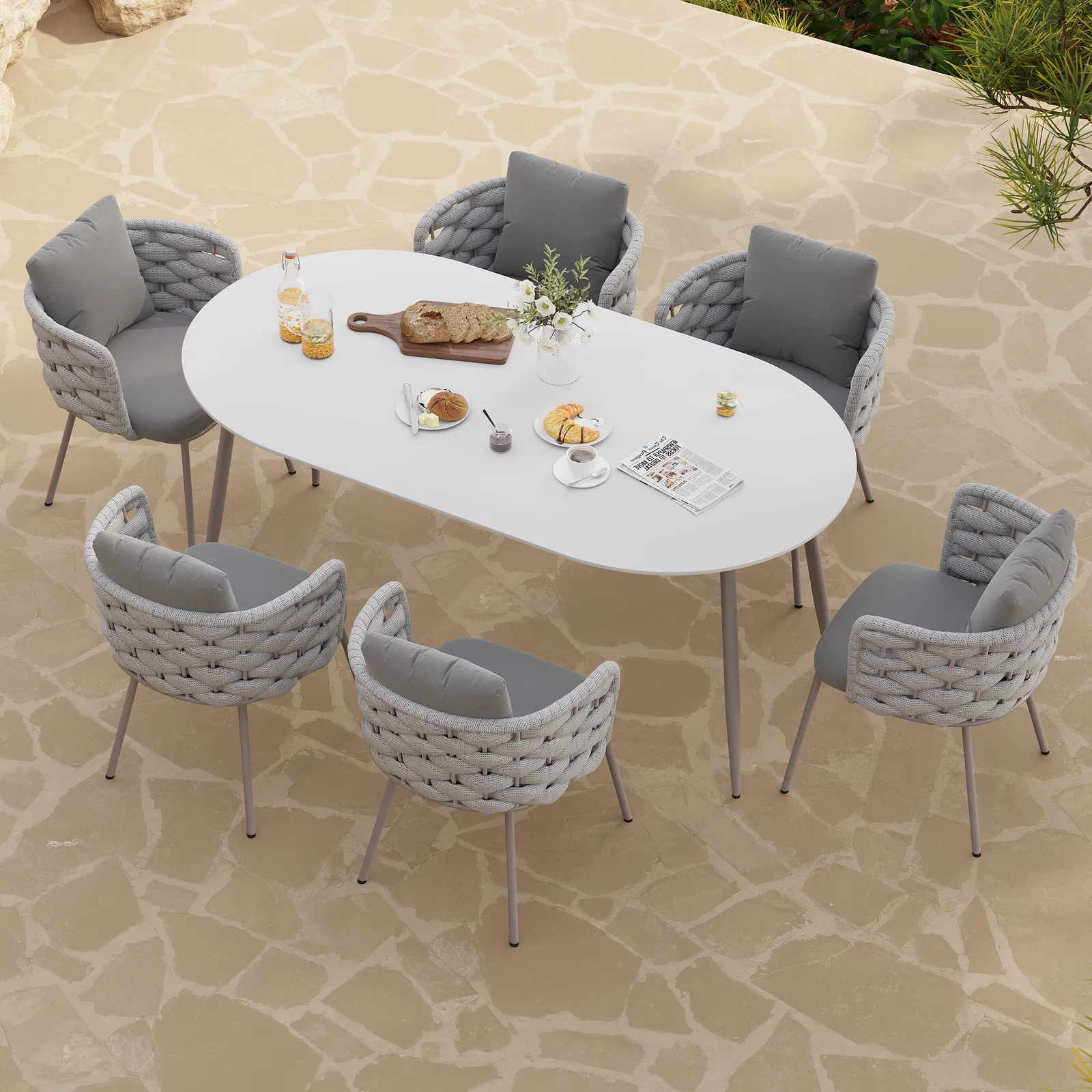 7 PCS 1800 mm Outdoor Sintered Stone Top Dining Table Set with 6 Rope Woven Armchairs Modern Yard & Patio Dining Furniture Set for 6 Person with Armchairs