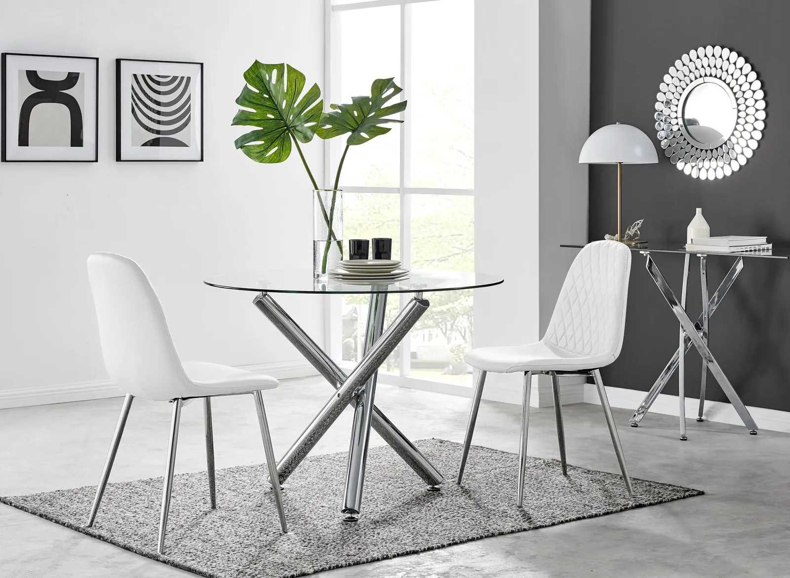 FurnitureboxUK Selina Round Glass Chrome Leg Dining Table & Corona Silver Leg Chairs in Off-White 1