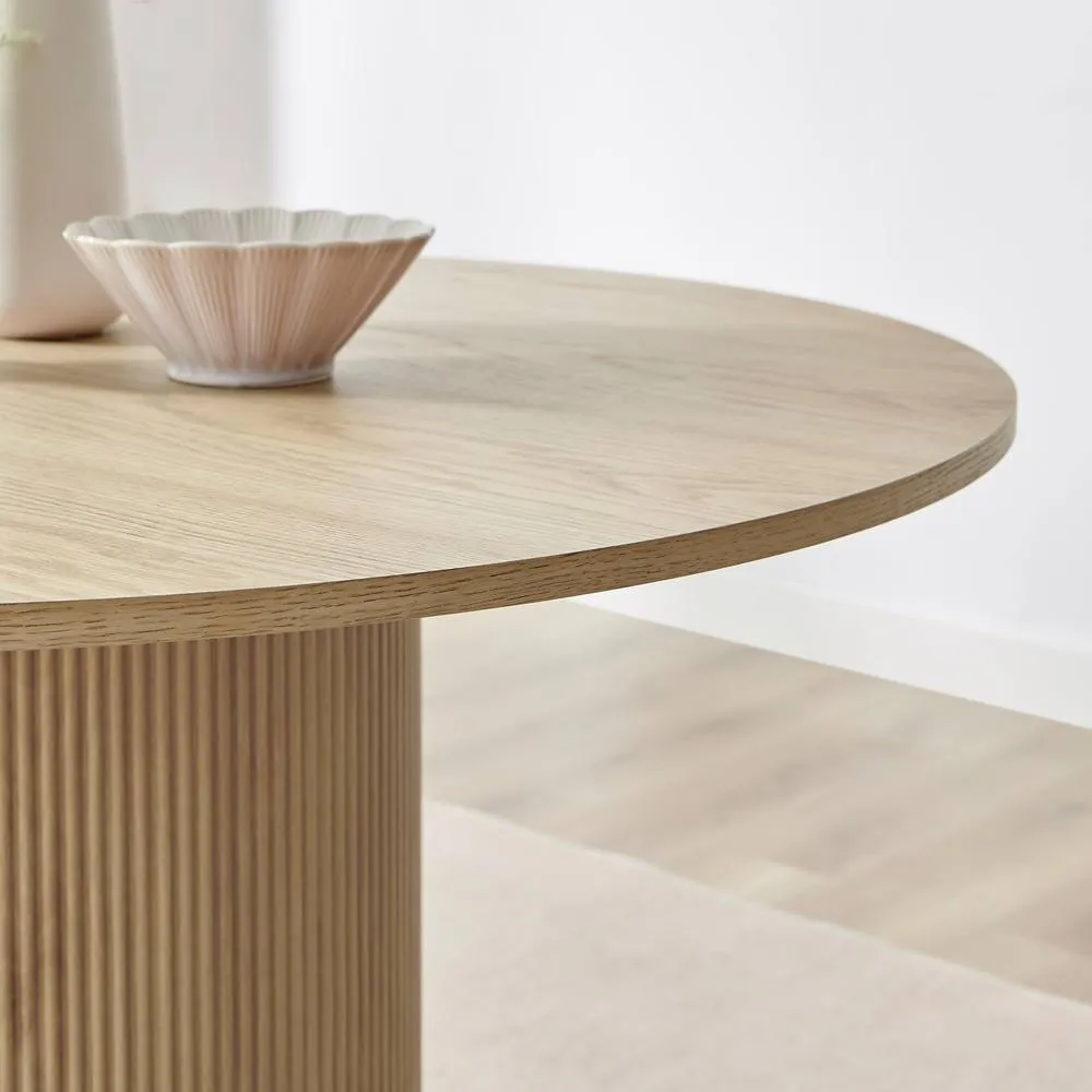 FurnitureboxUK Penrose Oak Effect Round Dining Table & 4 Tan Delta Chairs 6