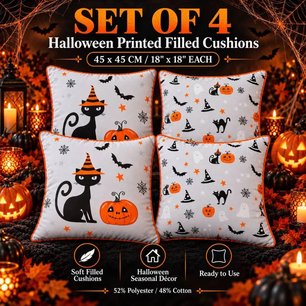 Smart Living Set of 4 Halloween Printed Filled Cushions 45x45cm Cat Pumpkin Design 2