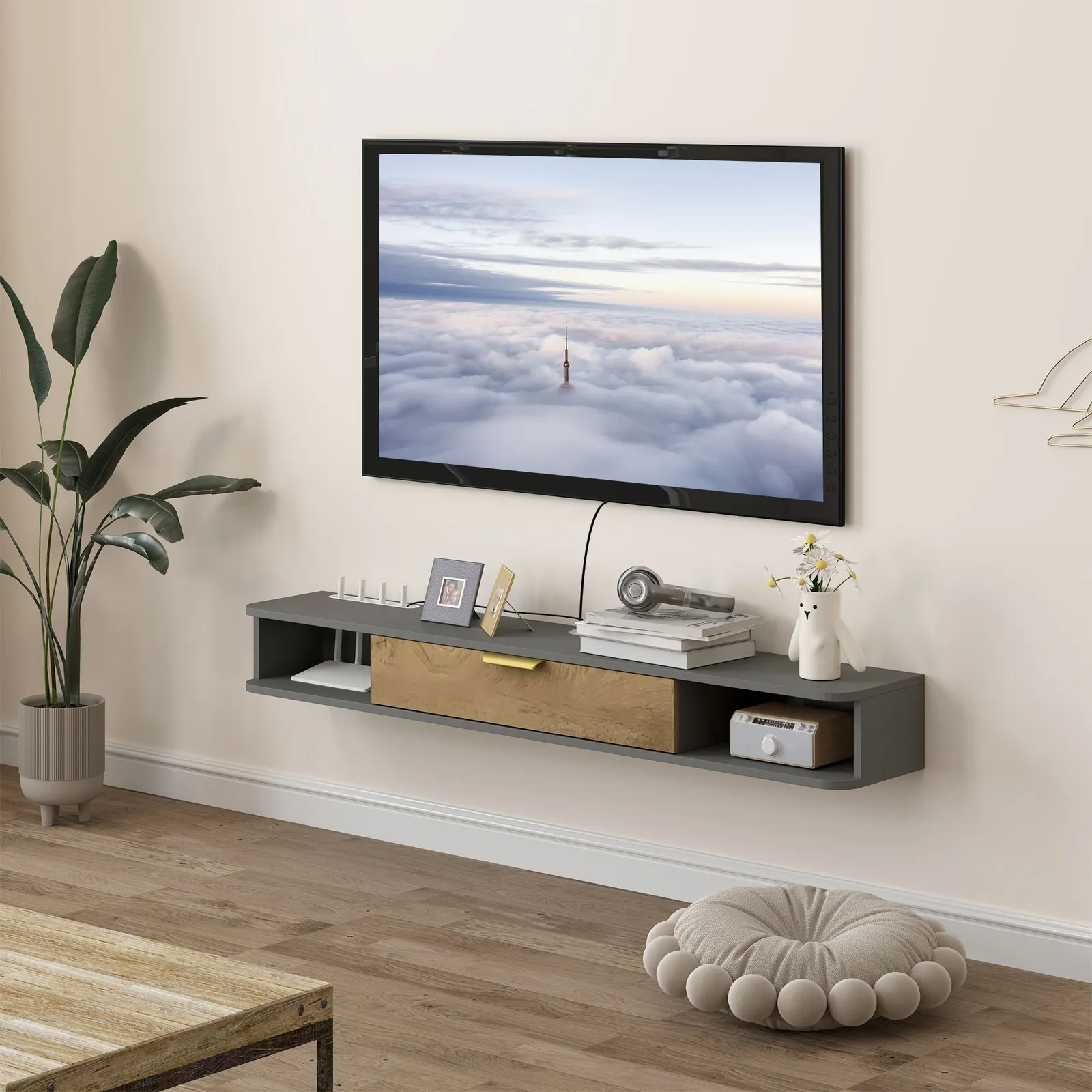 HOMCOM 140 cm Floating TV Unit with Storage Entertainment Media Console Grey in Dark Grey