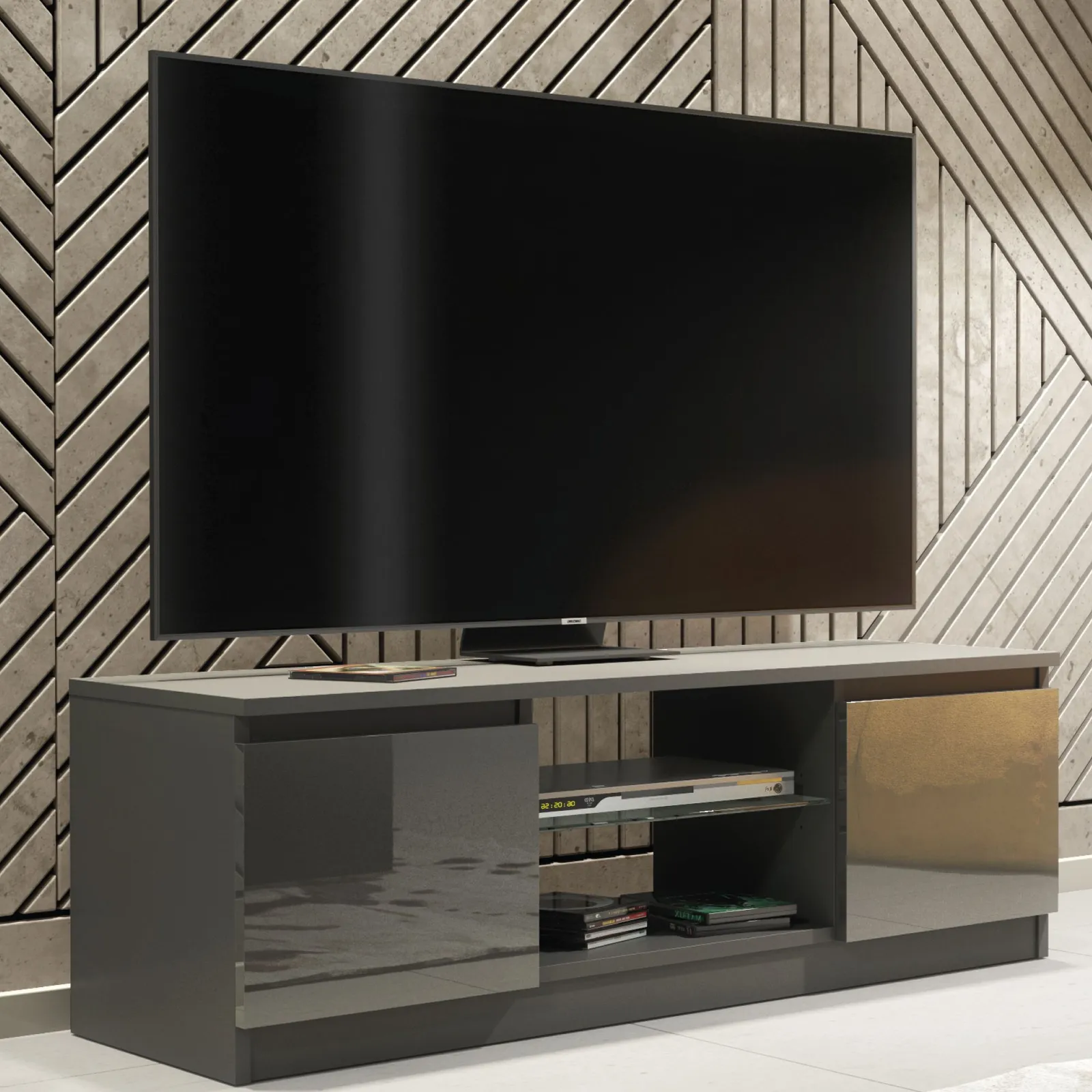 Creative Furniture TV Unit 120cm Modern - Dark Grey with High Gloss Doors 6