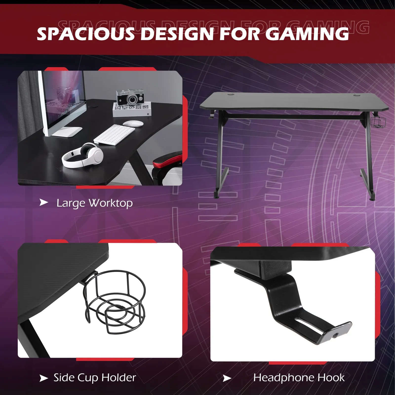 HOMCOM Gaming Desk Steel Frame Cup Headphone Holder Adjustable Feet in Black 4