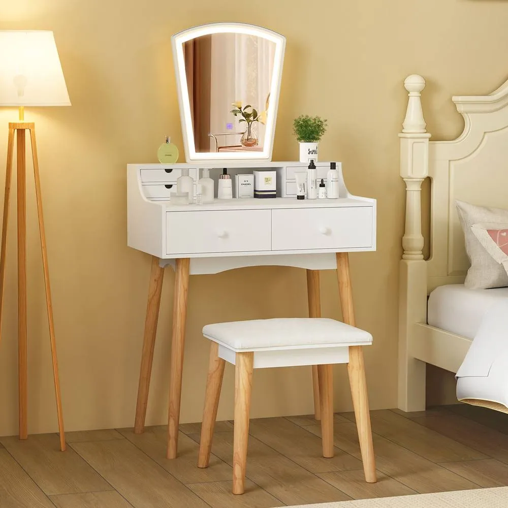 Costway Vanity Dressing Table & Chair Set Set w/Mirror & Lights-White in White 5