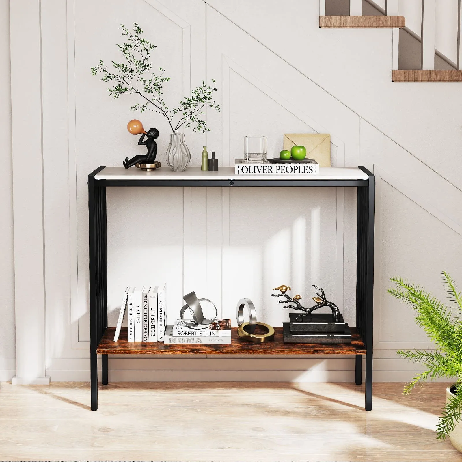Costway 90 CM Console Table 2-Tier Industrial Foyer Table with Open Shelf in White 4