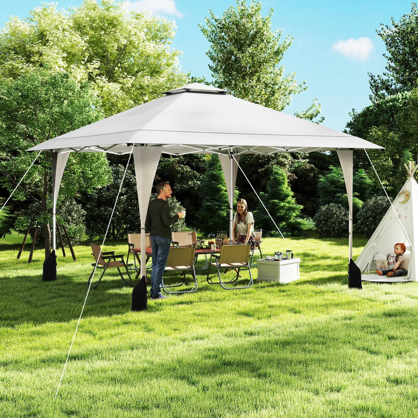 Costway 395 x 395 cm Pop up Canopy Tent Outdoor Easy Setup Gazebo in Beige 3