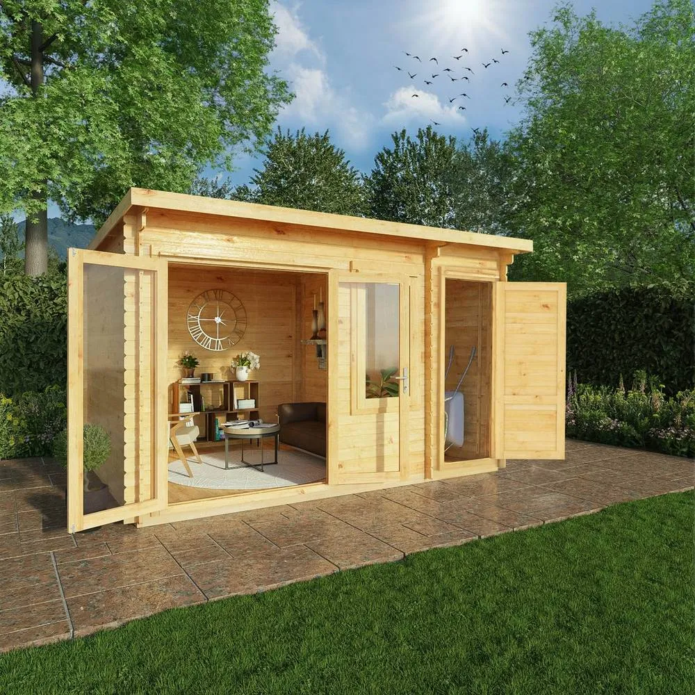Mercia Elite Pent Log Cabin w/ Side Shed, 28 mm - L333.5 x W413.6 x H249.4 cm in Light Brown 5