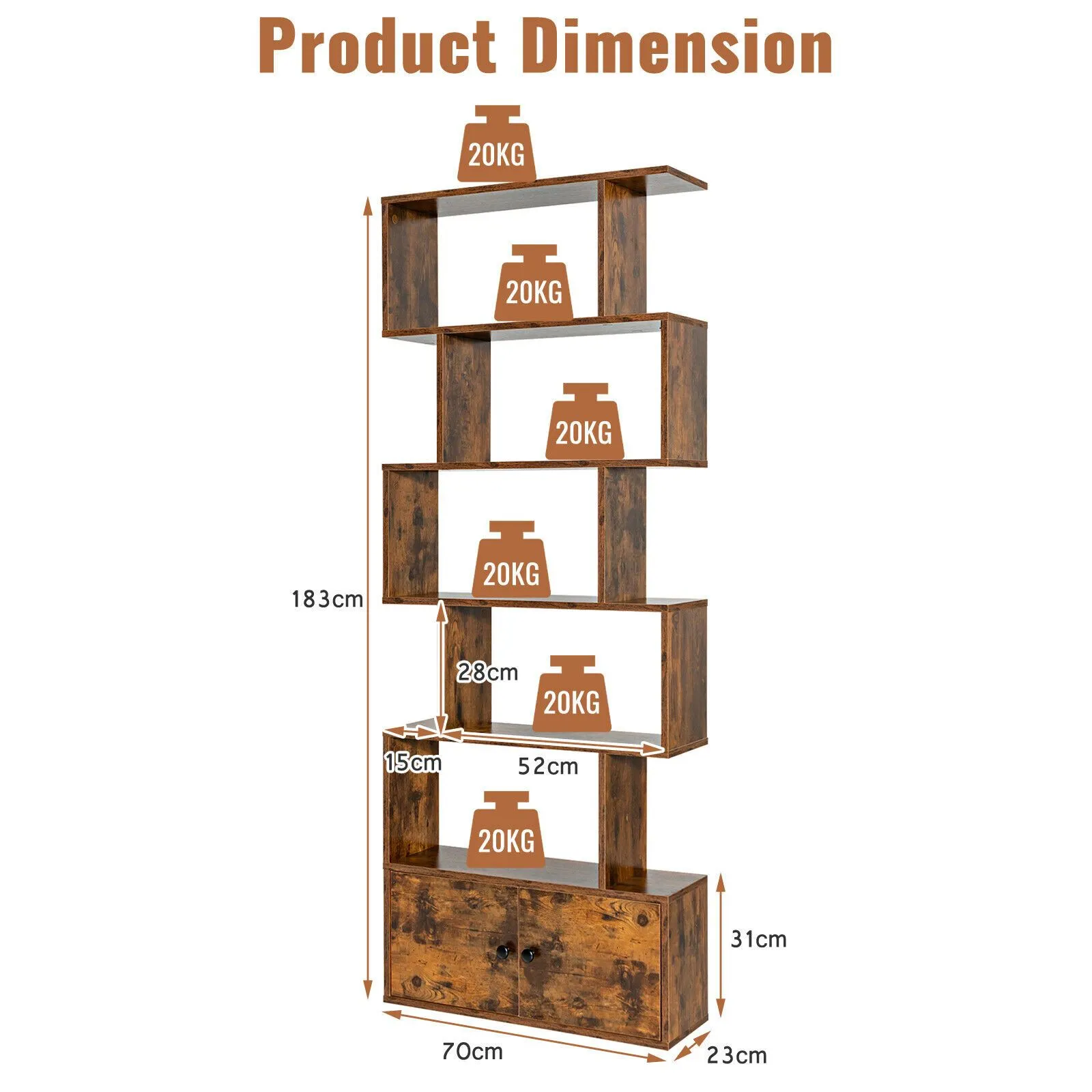 Costway 6-Tier Bookcase Free Standing S-Shaped Style Bookshelf Wooden Display Shelf in Brown 2