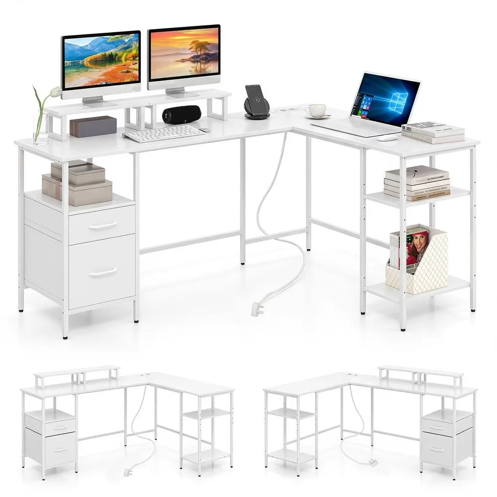 Costway L-shaped Desk with Power Outlets Reversible Corner Desk in White 5