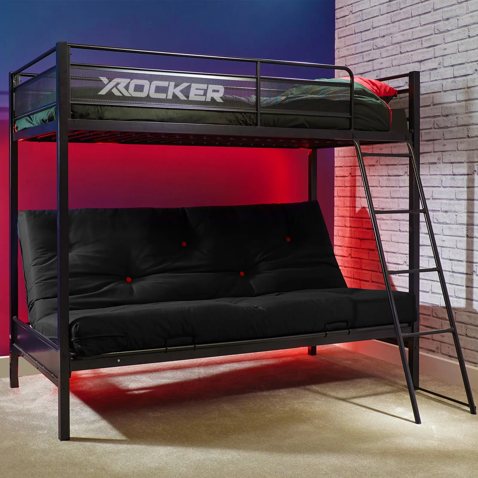 X Rocker Stronghold High Sleeper Bunk Bed with Double Futon / Sofa Bed in Black