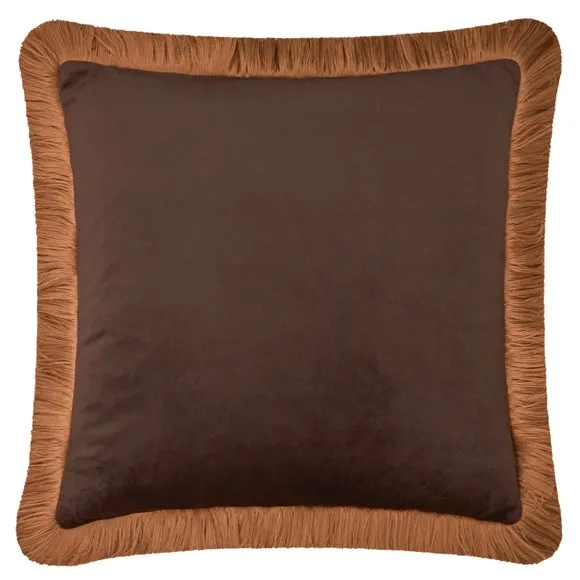 Furn Halo Fringed Velvet Cushion Chocolate/Caramel 50 X 50Cm, Brown 2