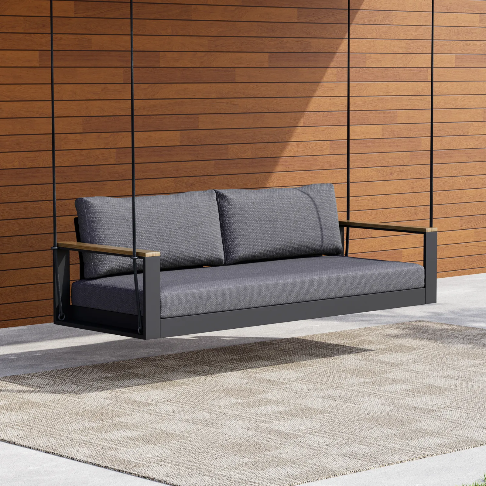 Tevara Two Seater Solid Wood Outdoor Hanging Chair Sofa Porch Swing Bench in Grey Cushion & Pillow Included