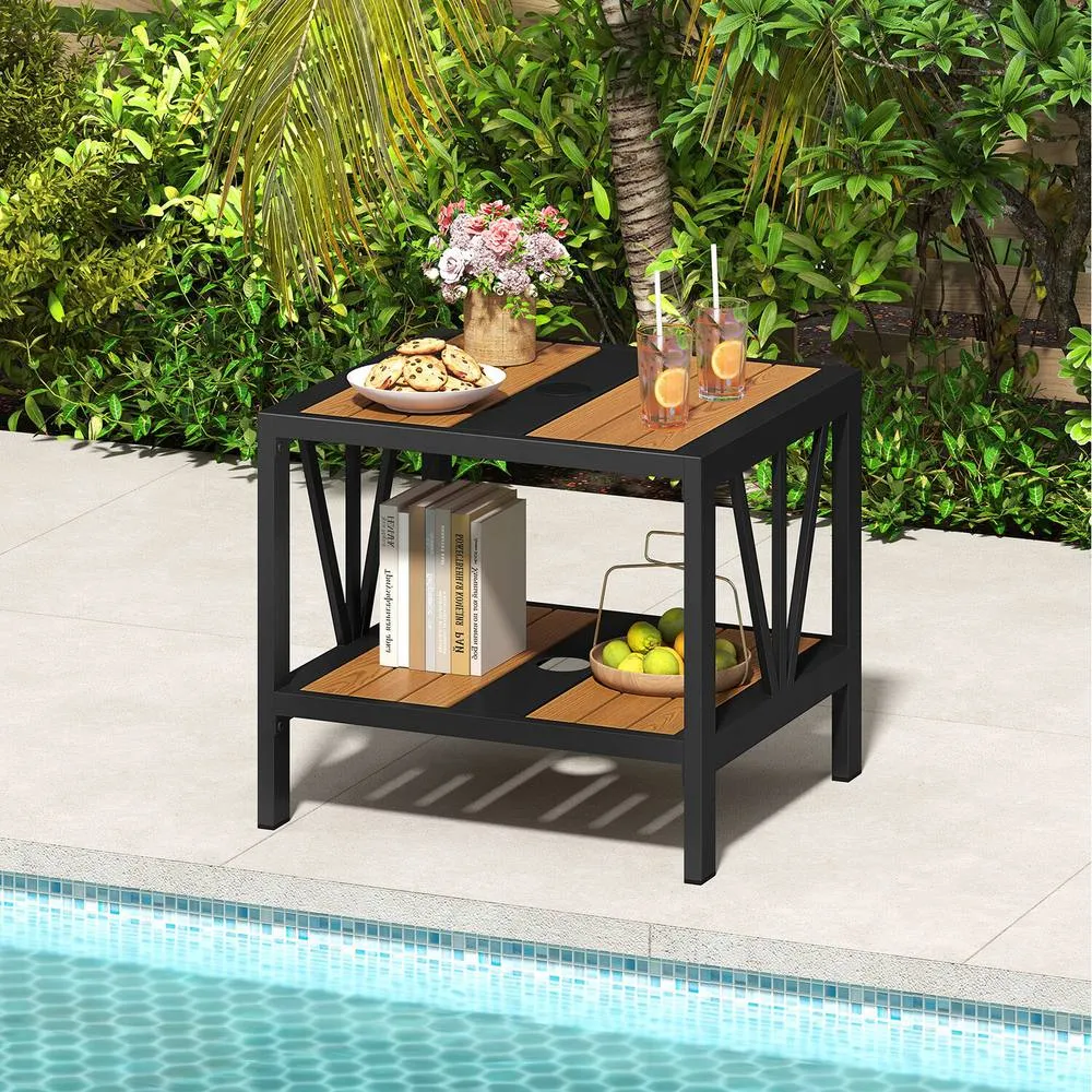 Costway 2-Tier Metal Small Patio Coffee Table Garden Side Table 52 x 46 x 45cm in Brown