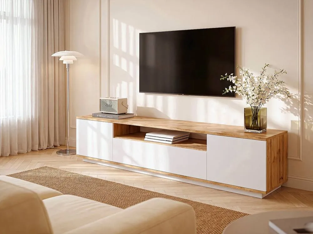 Vente-unique TV Unit With 3 Doors & 1 Compartment - White & Natural - LOTULA in Light Oak 3