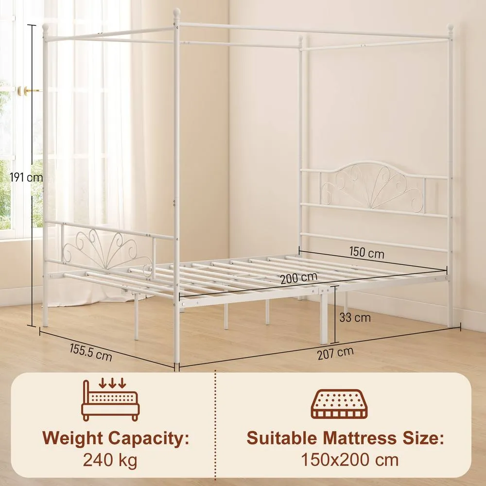 HOMCOM Canopy Bed Frame King Size, Metal Platform Bed Frame, White 3