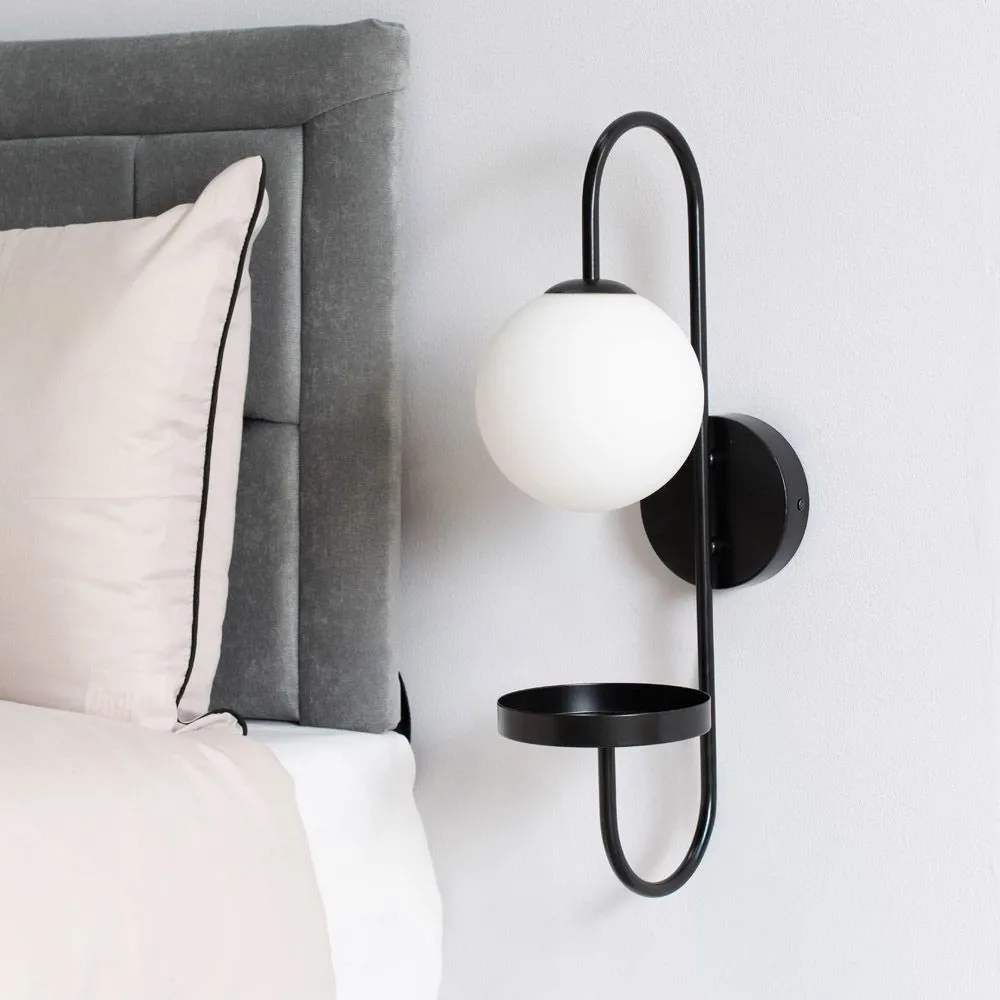 ValueLights Milo Frosted Glass Globe Shade Curved Wall Light with Shelf in Black 3