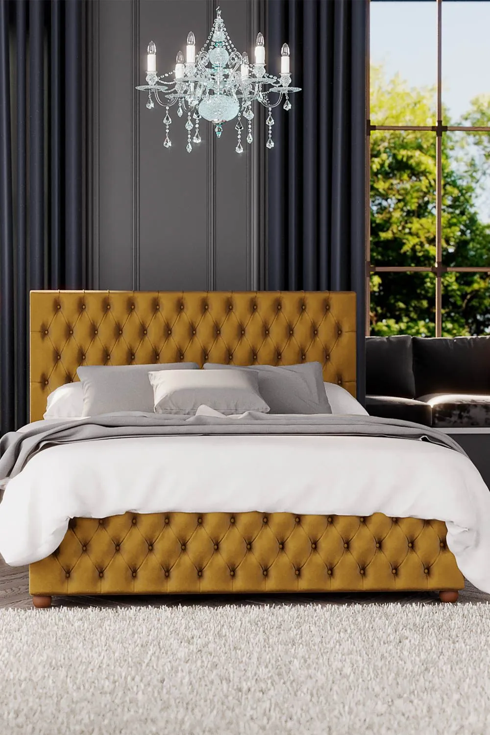 Laurence Llewelyn-Bowen Seren Ottoman Storage Bed in Plush Velvet Fabric, Custom Made in Mustard