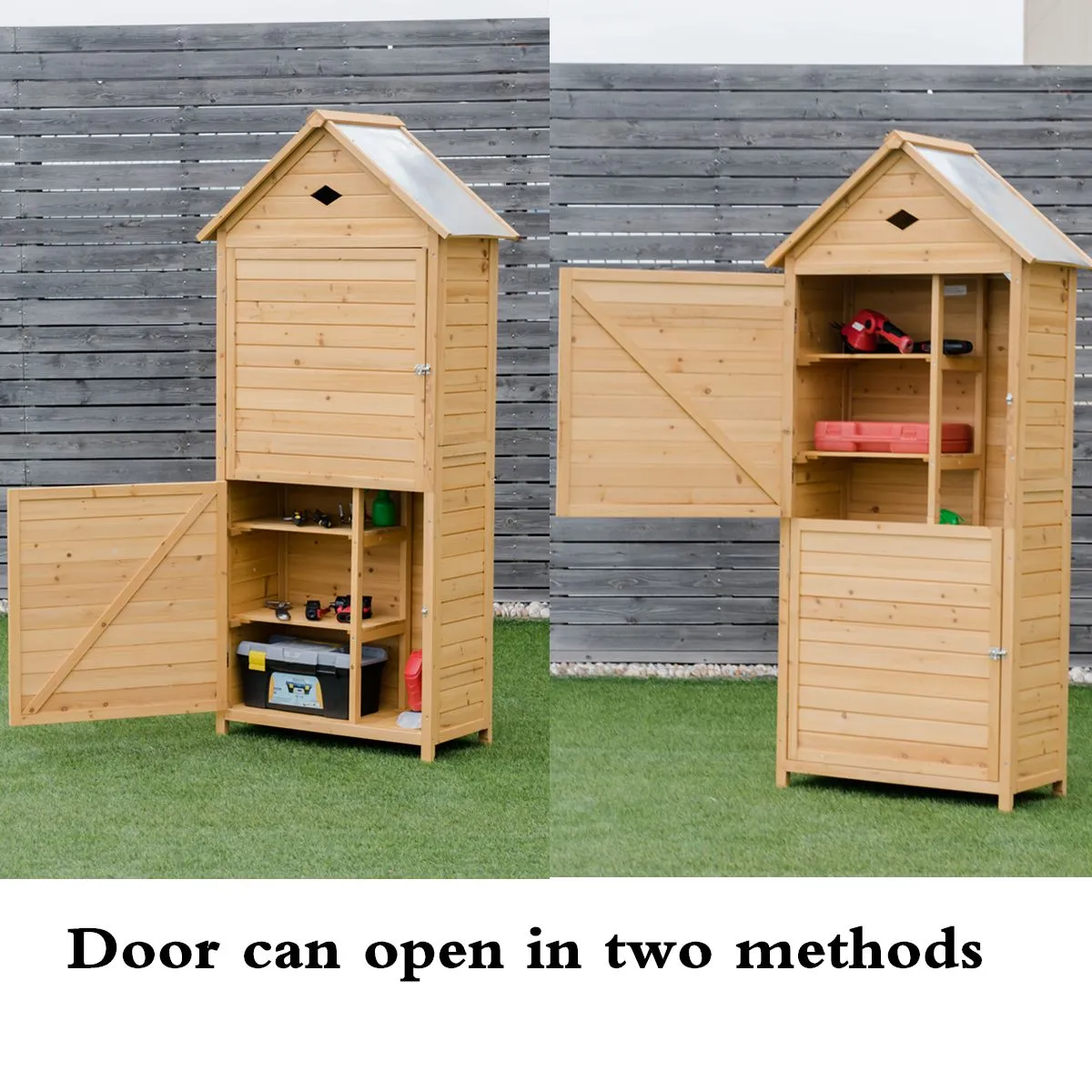 Costway Outdoor Storage Shed Lockable Wooden Garden Tool Storage Cabinet Waterproof Tool Hutch Organizer in Natural 5