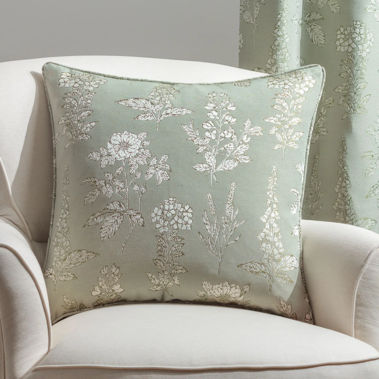 Wylder Nature Sophia Botanical Embroidered Cushion in Light Green